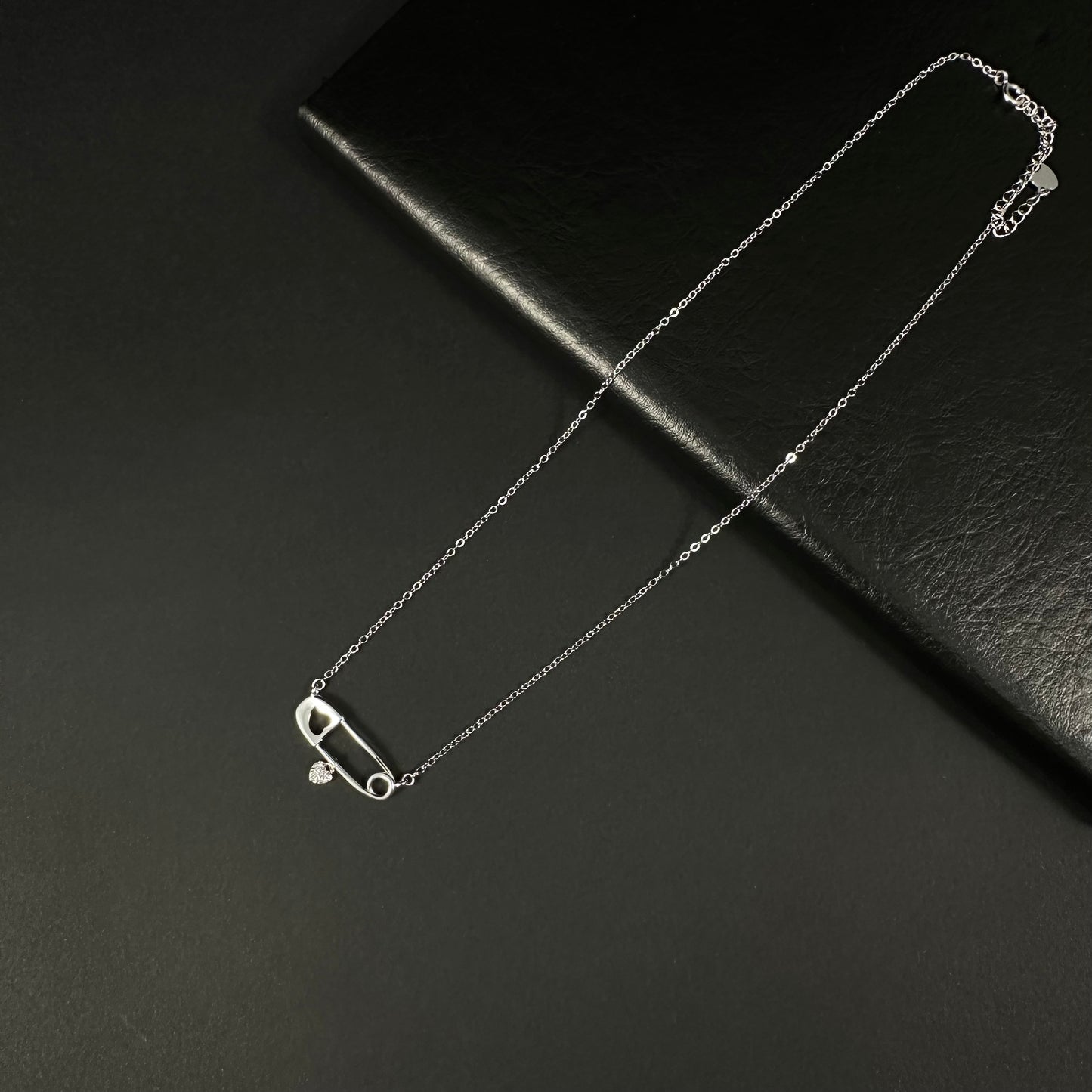 Heart Charm Safety Pin Silver Pendant Necklace for Women