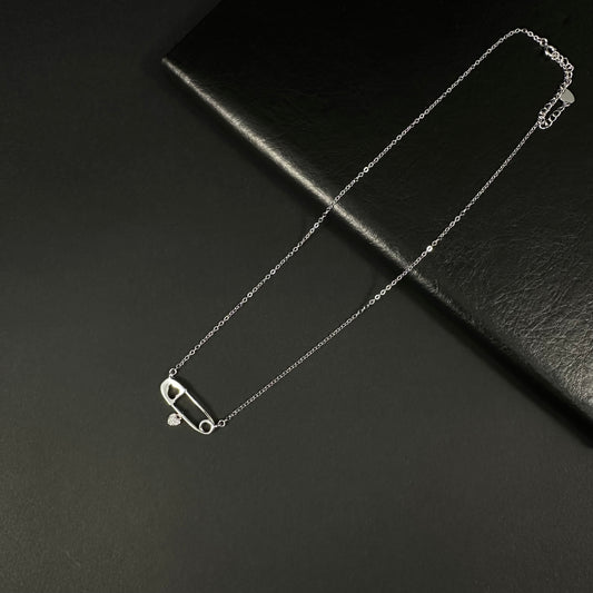 Heart Charm Safety Pin Silver Pendant Necklace for Women