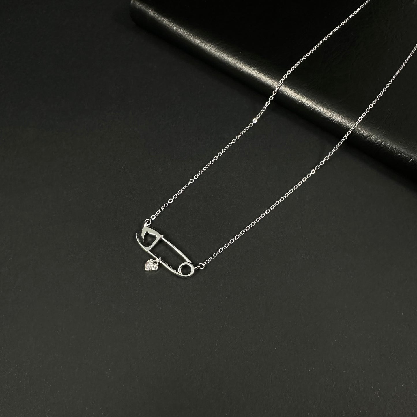 Heart Charm Safety Pin Silver Pendant Necklace for Women