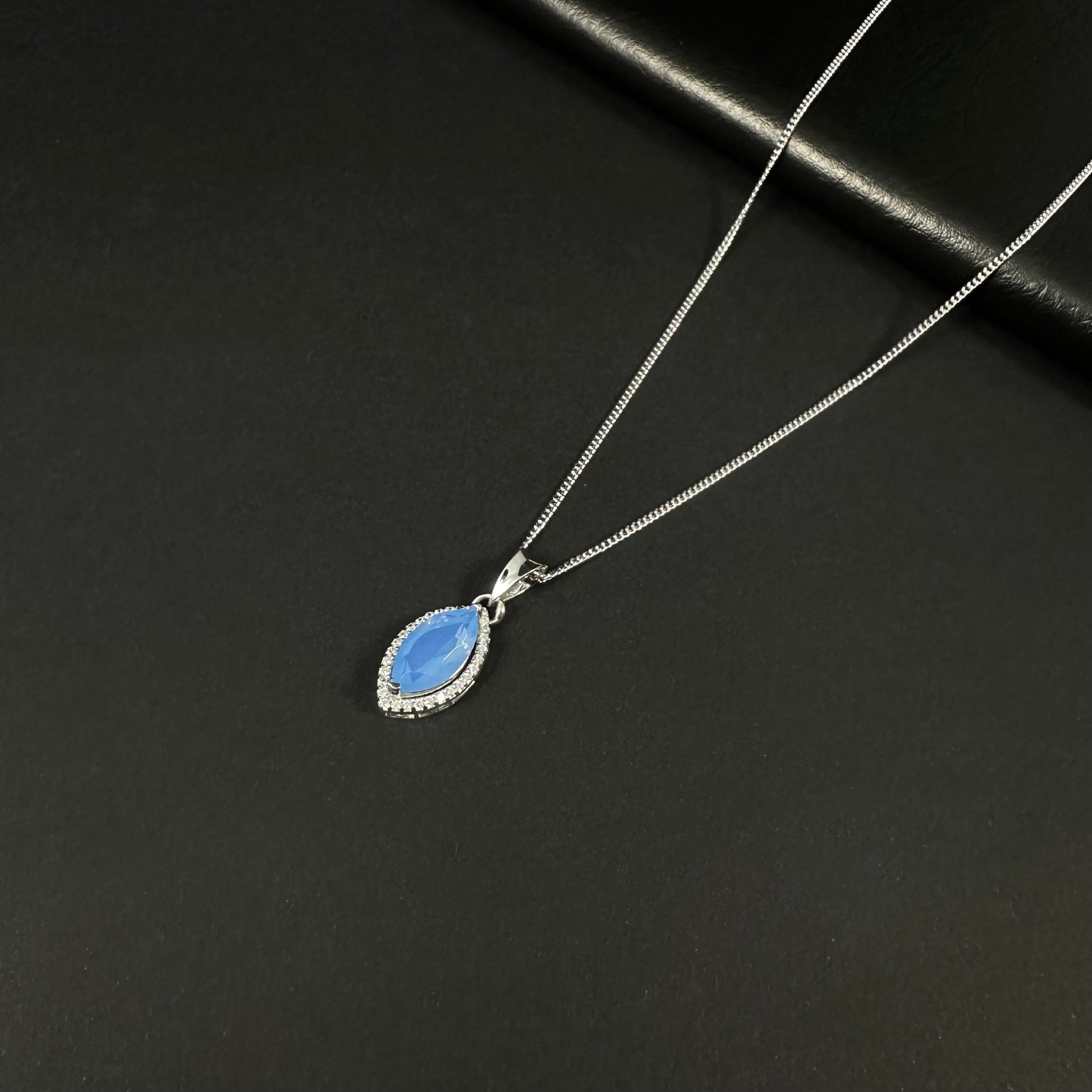 Azure Teardrop Silver Diamond Pendant Necklace for Women