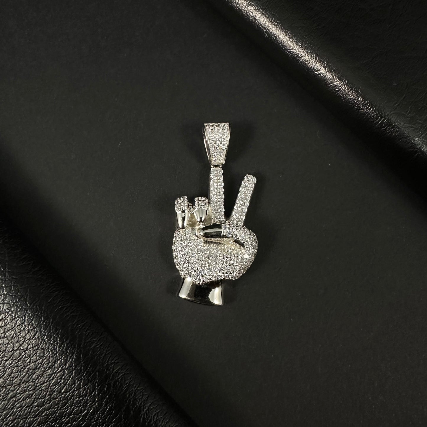 Peace Sign Hand Silver Diamond Pendant for Men & Women