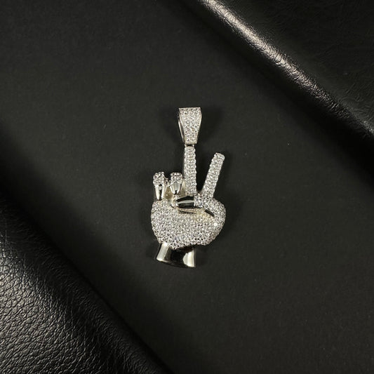 Peace Sign Hand Silver Diamond Pendant for Men & Women