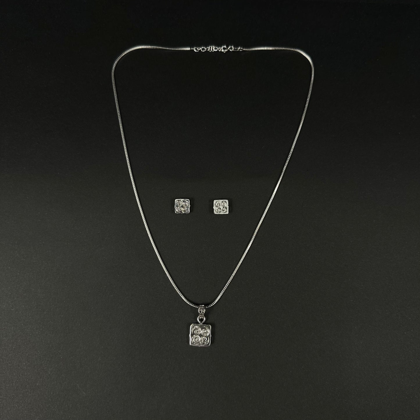 Silver Square Charm Pendant Set for Women