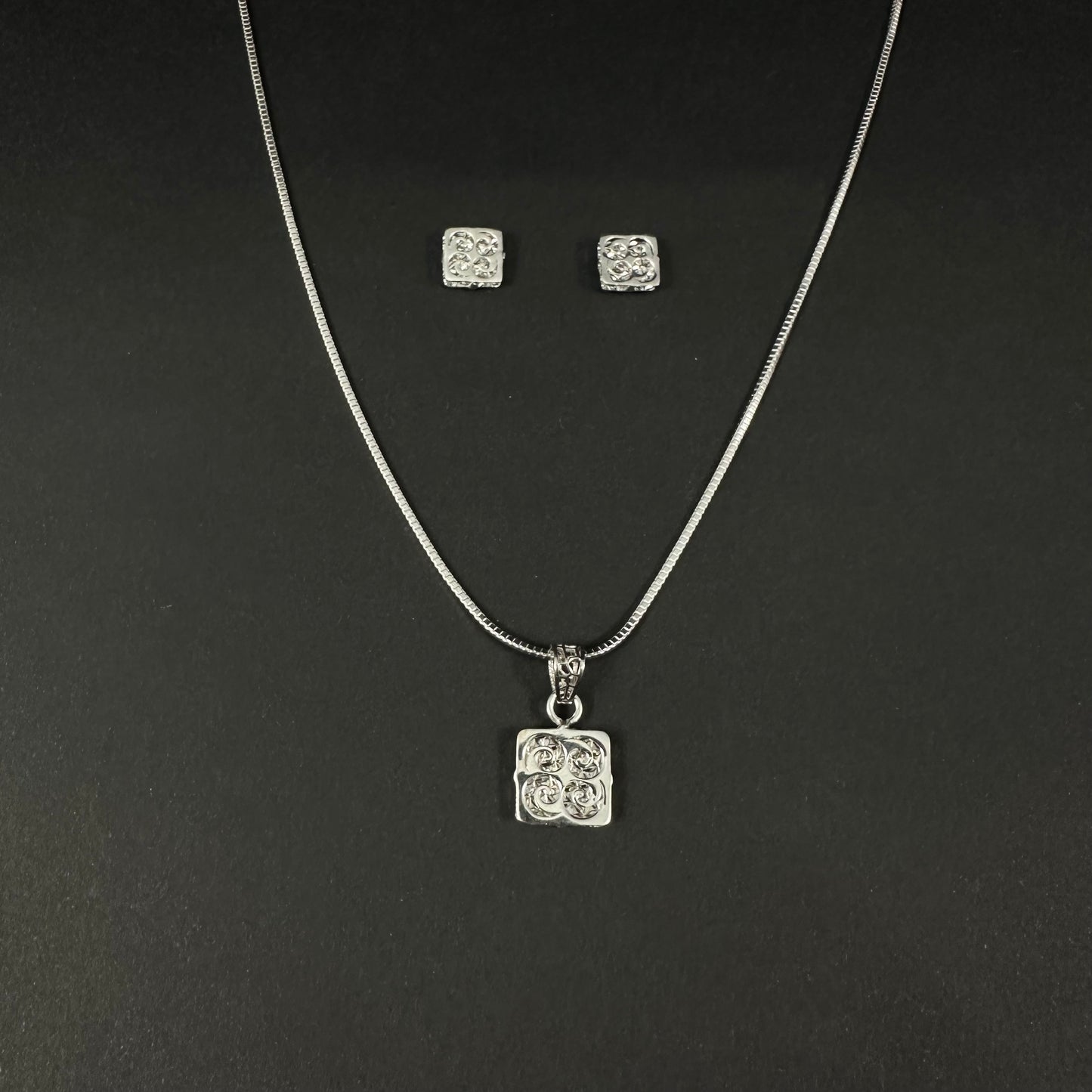 Silver Square Charm Pendant Set for Women