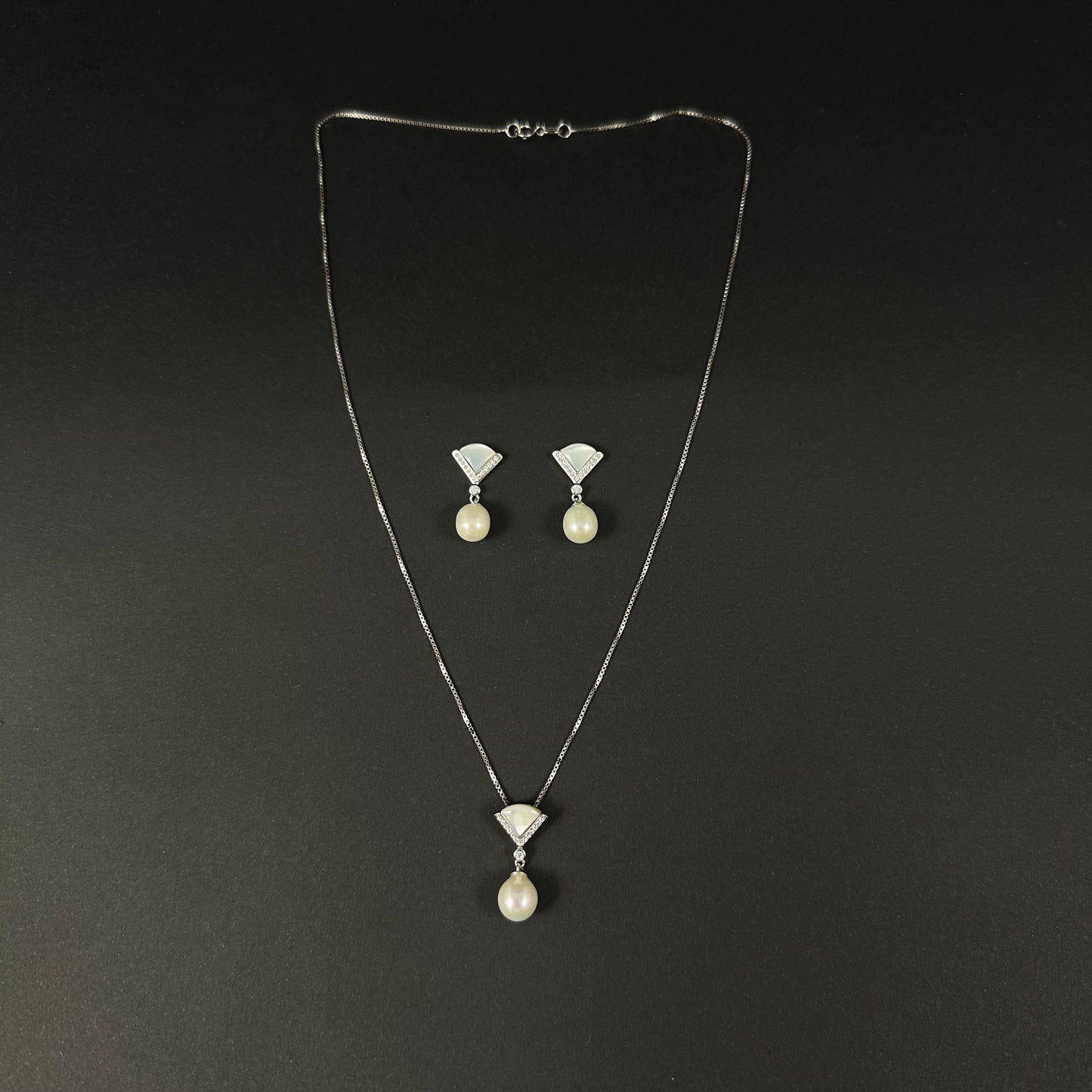 Silver Pearl Drop Diamond Pendant Set for Women