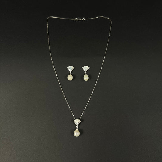 Silver Pearl Drop Diamond Pendant Set for Women