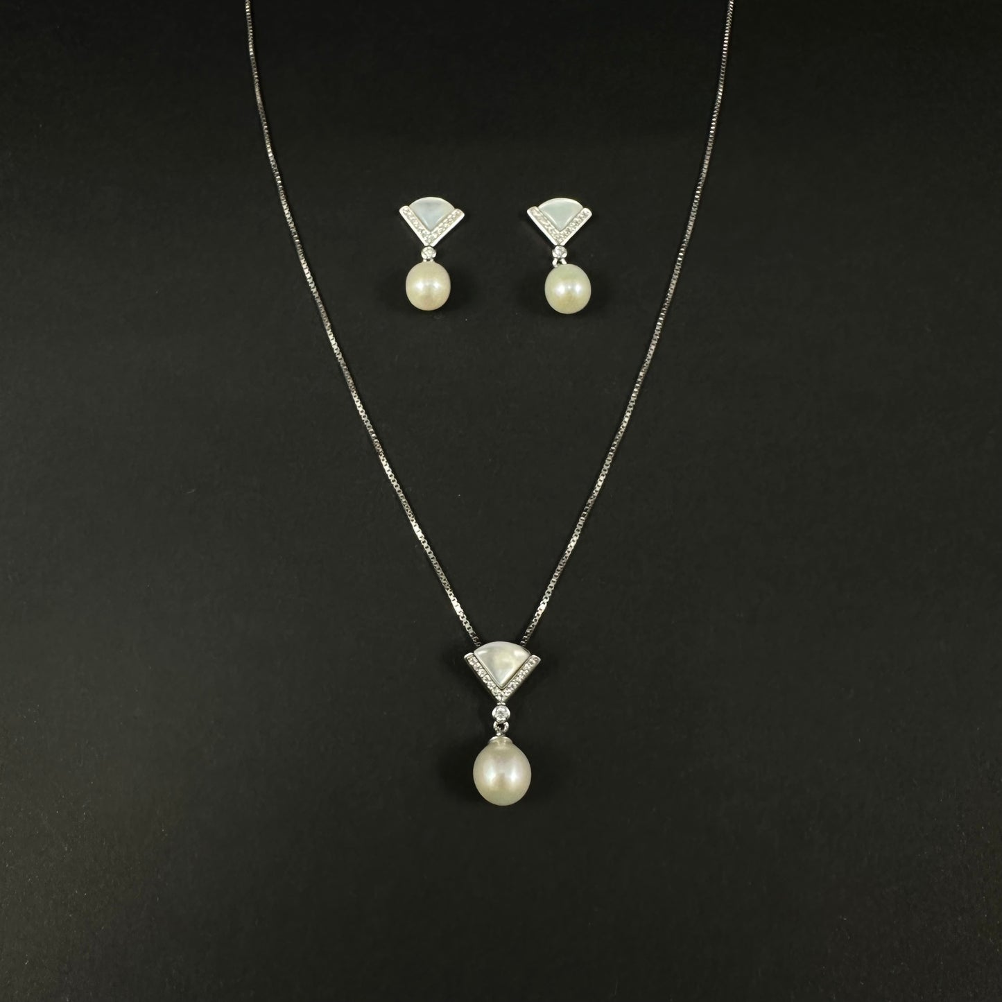 Silver Pearl Drop Diamond Pendant Set for Women