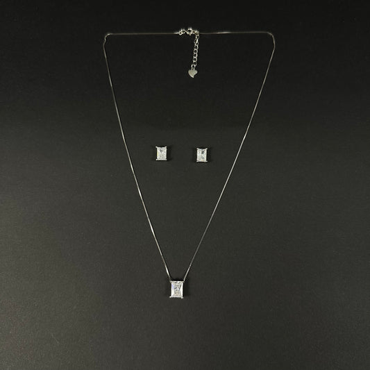 Silver Emerald Cut Solitaire Diamond Pendant Set for Women