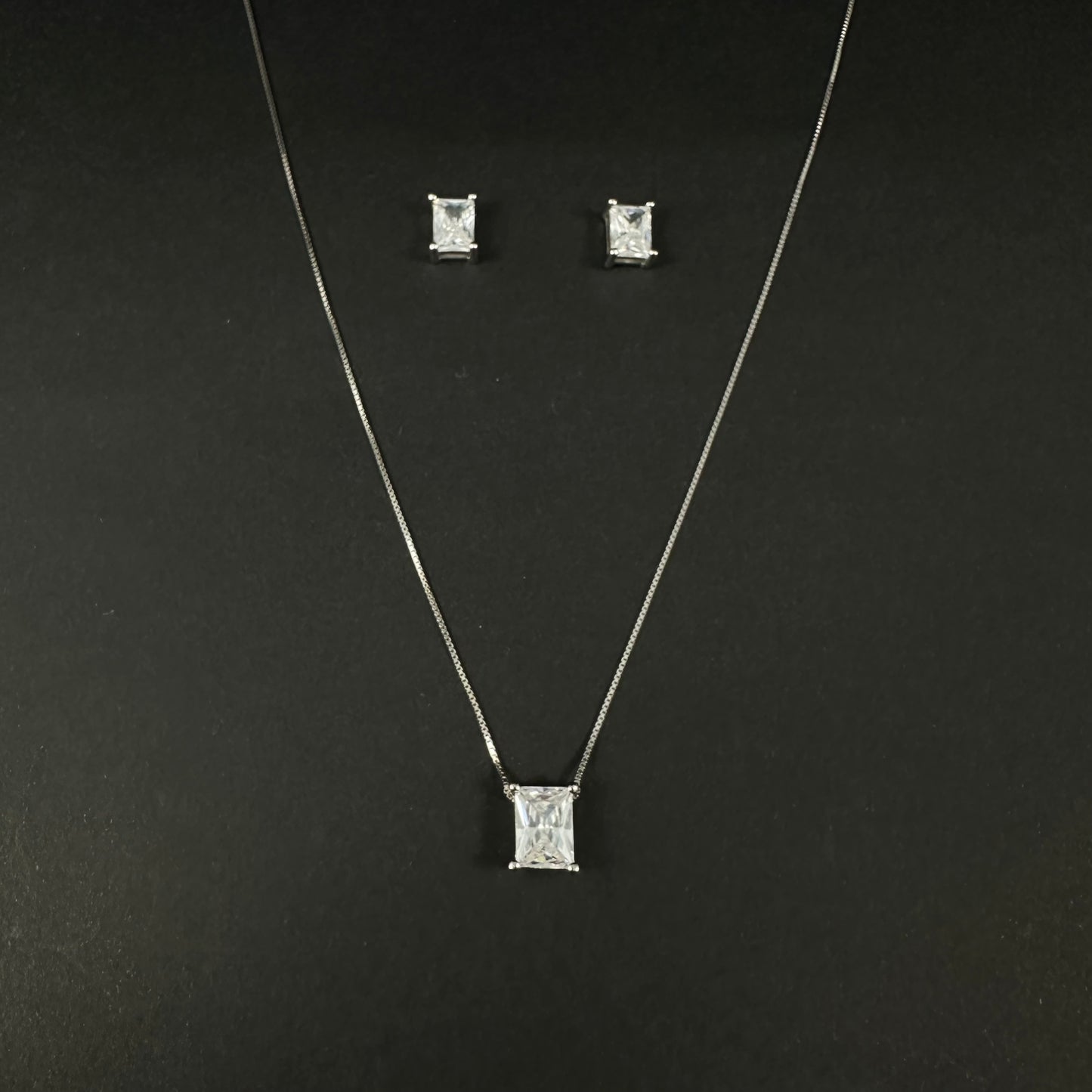 Silver Emerald Cut Solitaire Diamond Pendant Set for Women