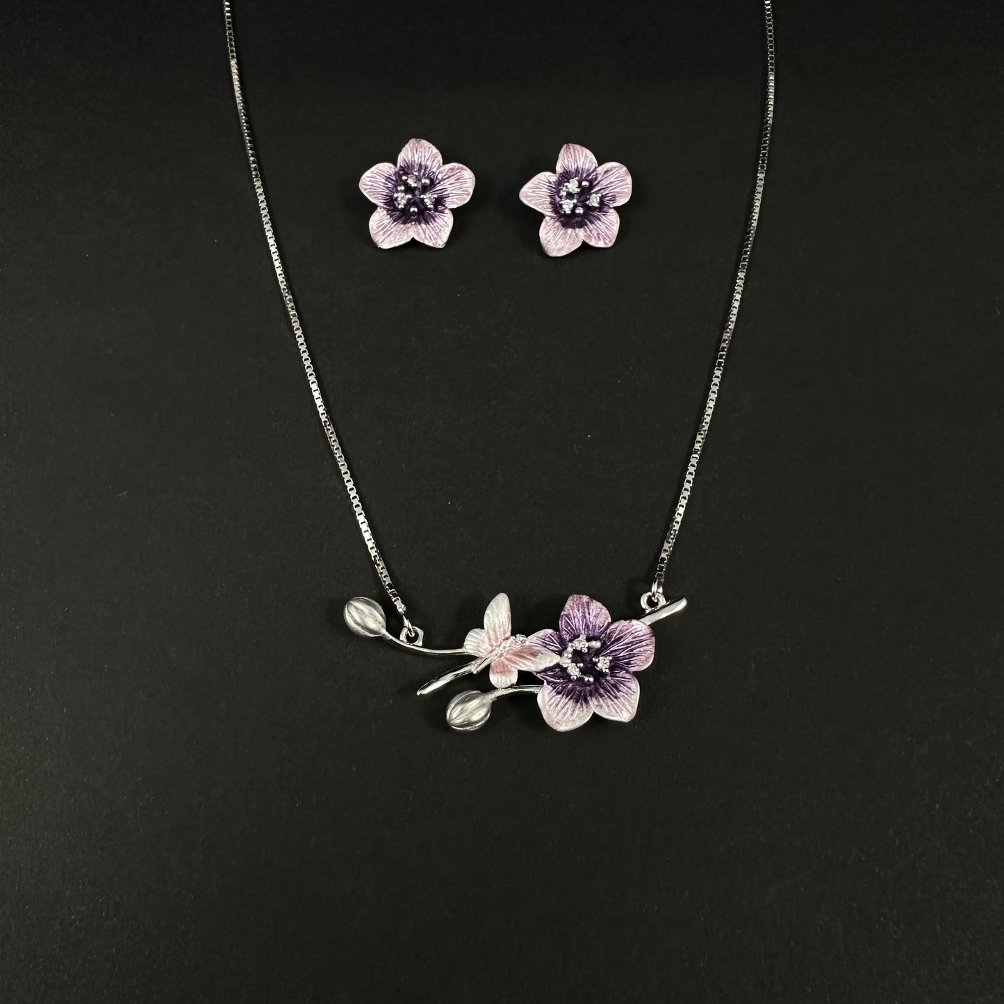 Silver Floral Diamond Pendant Set for Women