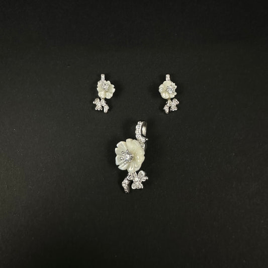 Silver White Floral Diamond Pendant Set for Women