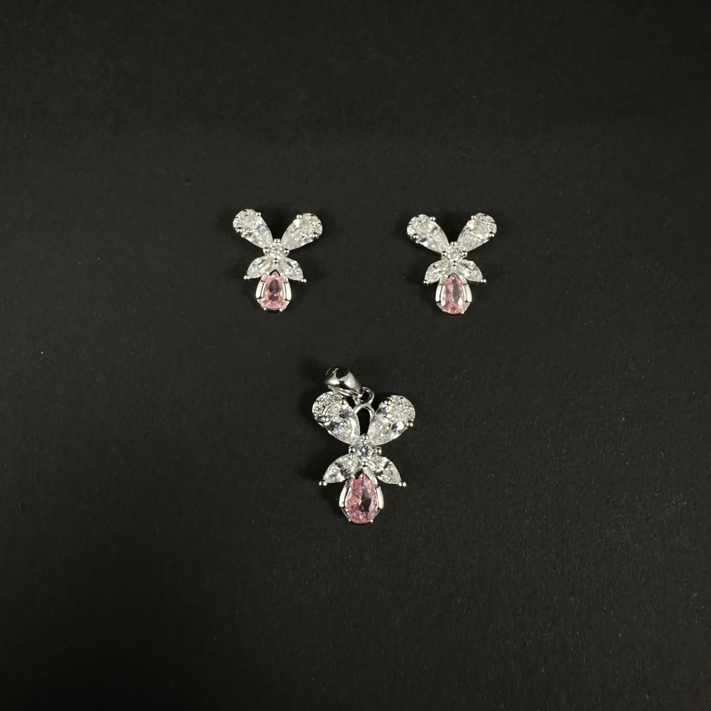 Silver Pink Butterfly Diamond Pendant Set for Women
