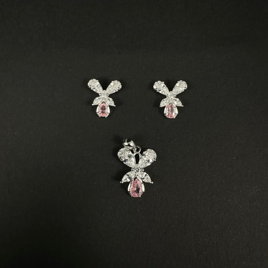 Silver Pink Butterfly Diamond Pendant Set for Women