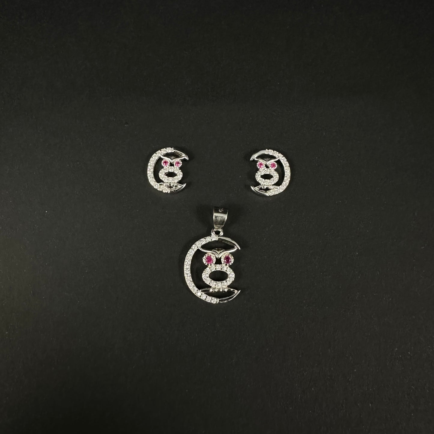 Silver Moon Owl Diamond Pendant Set for Women