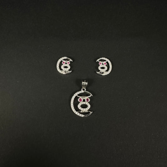 Silver Moon Owl Diamond Pendant Set for Women