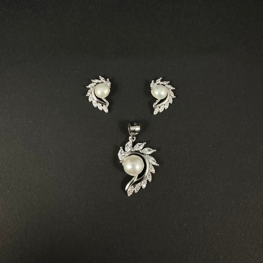 Silver Pearl Leaf Diamond Pendant Set for Women