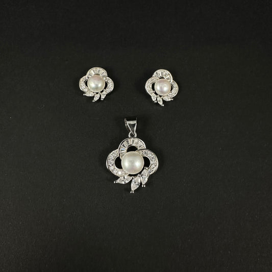 Silver Pearl Floral Diamond Pendant Set for Women