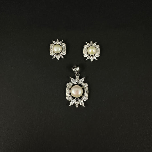 Silver Royal Pearl Diamond Pendant Set for Women
