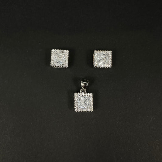 Silver Princess Cut Diamond Pendant Set for Women