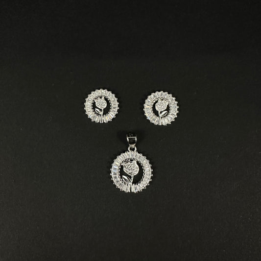 Silver Floral Circle Diamond Pendant Set for Women