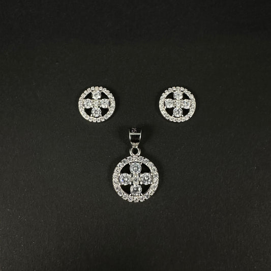 Silver Classic Round Diamond Pendant Set for Women