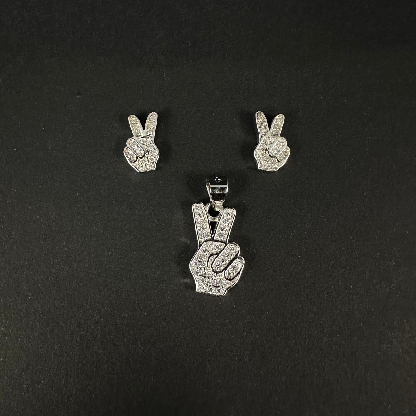 Silver Victory Sign Diamond Pendant Set for Women