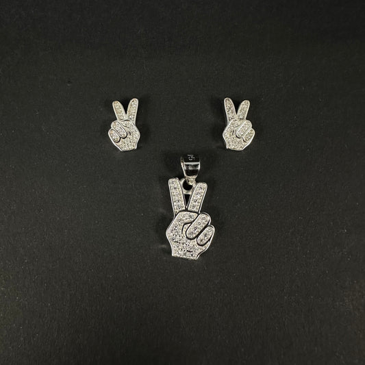 Silver Victory Sign Diamond Pendant Set for Women