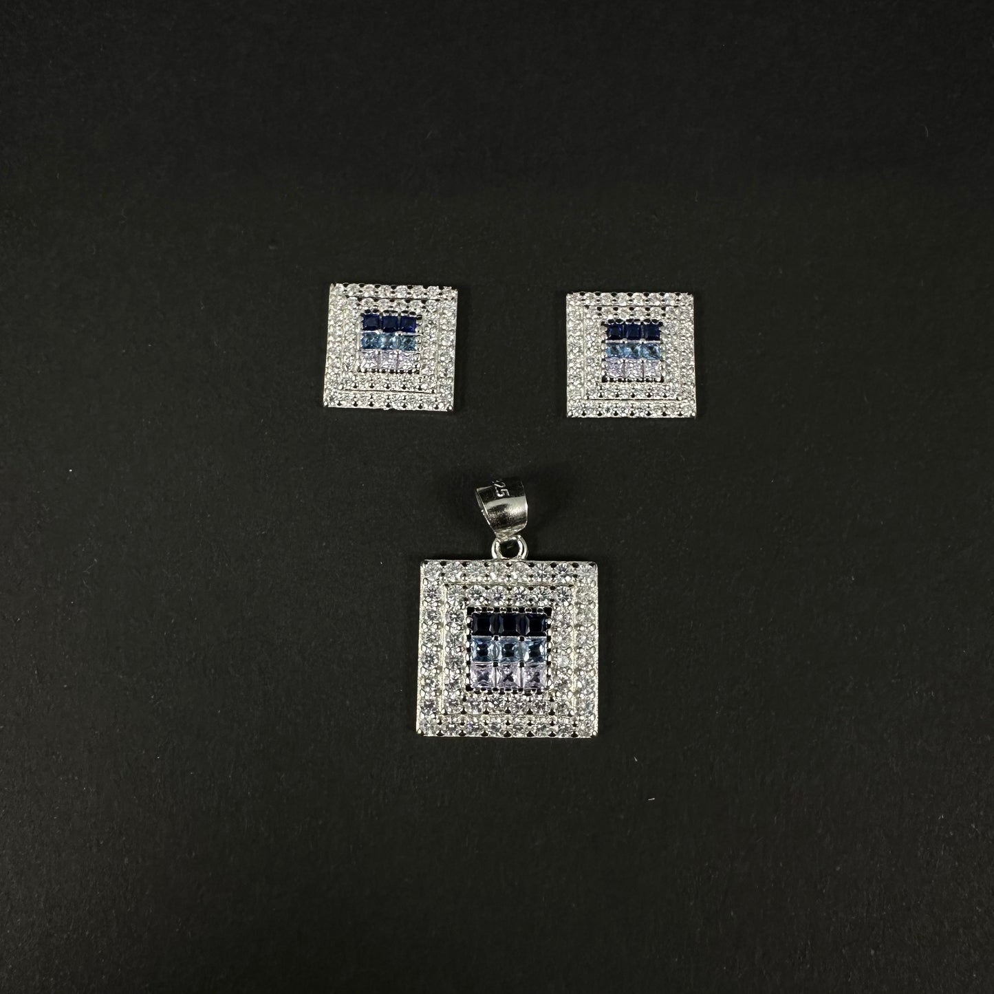 Silver Blue Square Diamond Pendant Set for Women