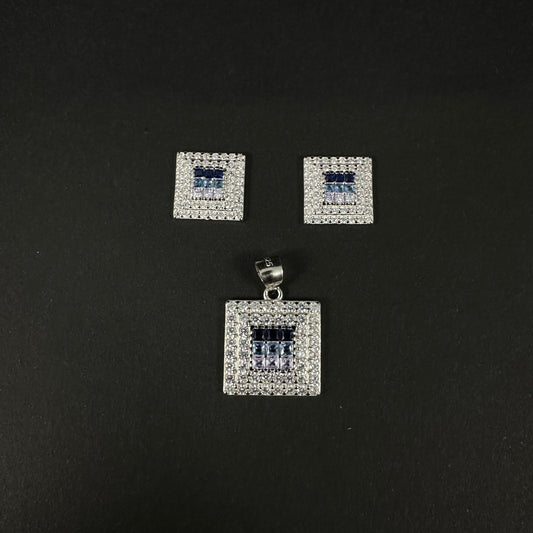 Silver Blue Square Diamond Pendant Set for Women