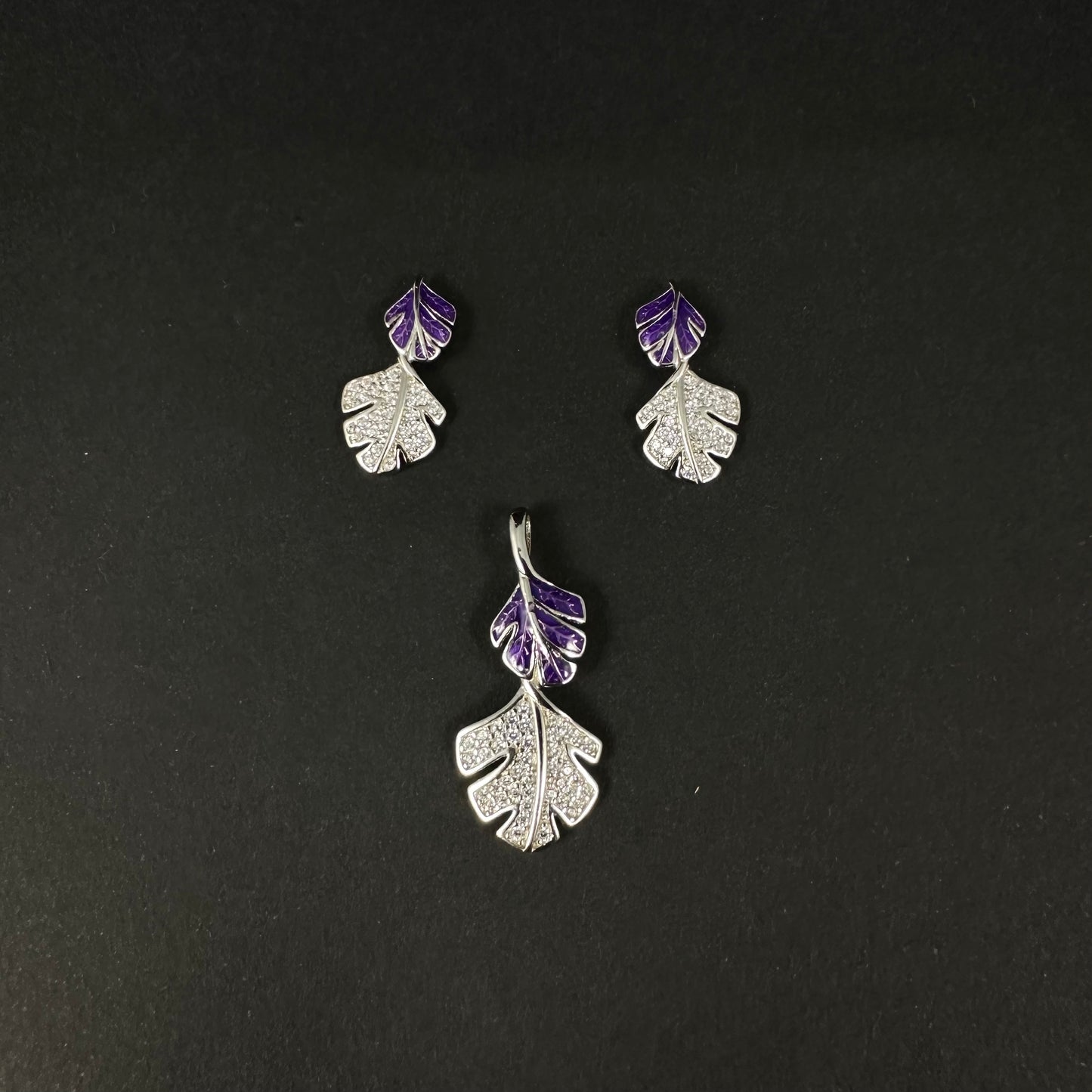 Silver Purple Leaf Diamond Pendant Set for Women