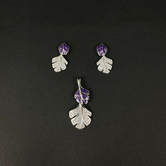 Silver Purple Leaf Diamond Pendant Set for Women