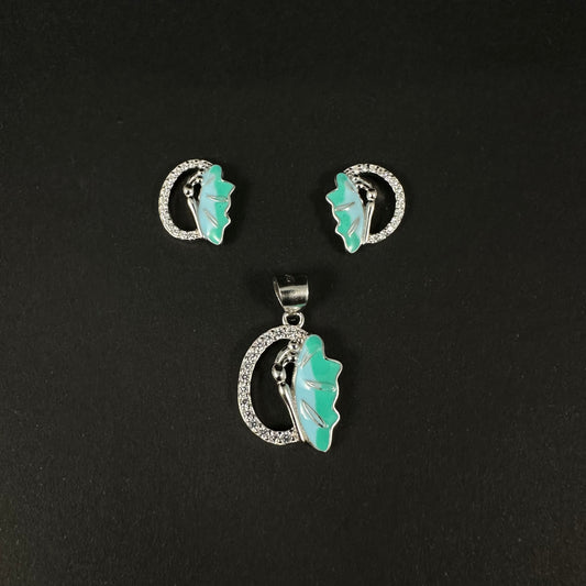 Silver Aqua Leaf Diamond Pendant Set for Women