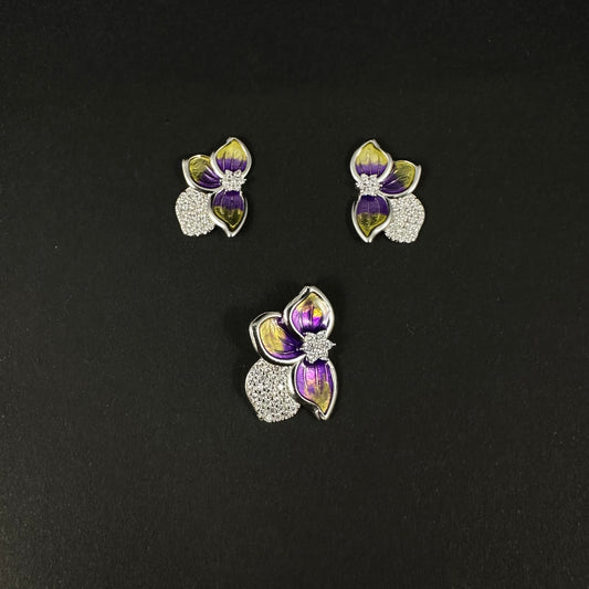 Silver Purple Bloom Diamond Pendant Set for Women