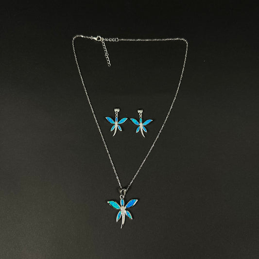 Silver Blue Butterfly Diamond Pendant Set for Women