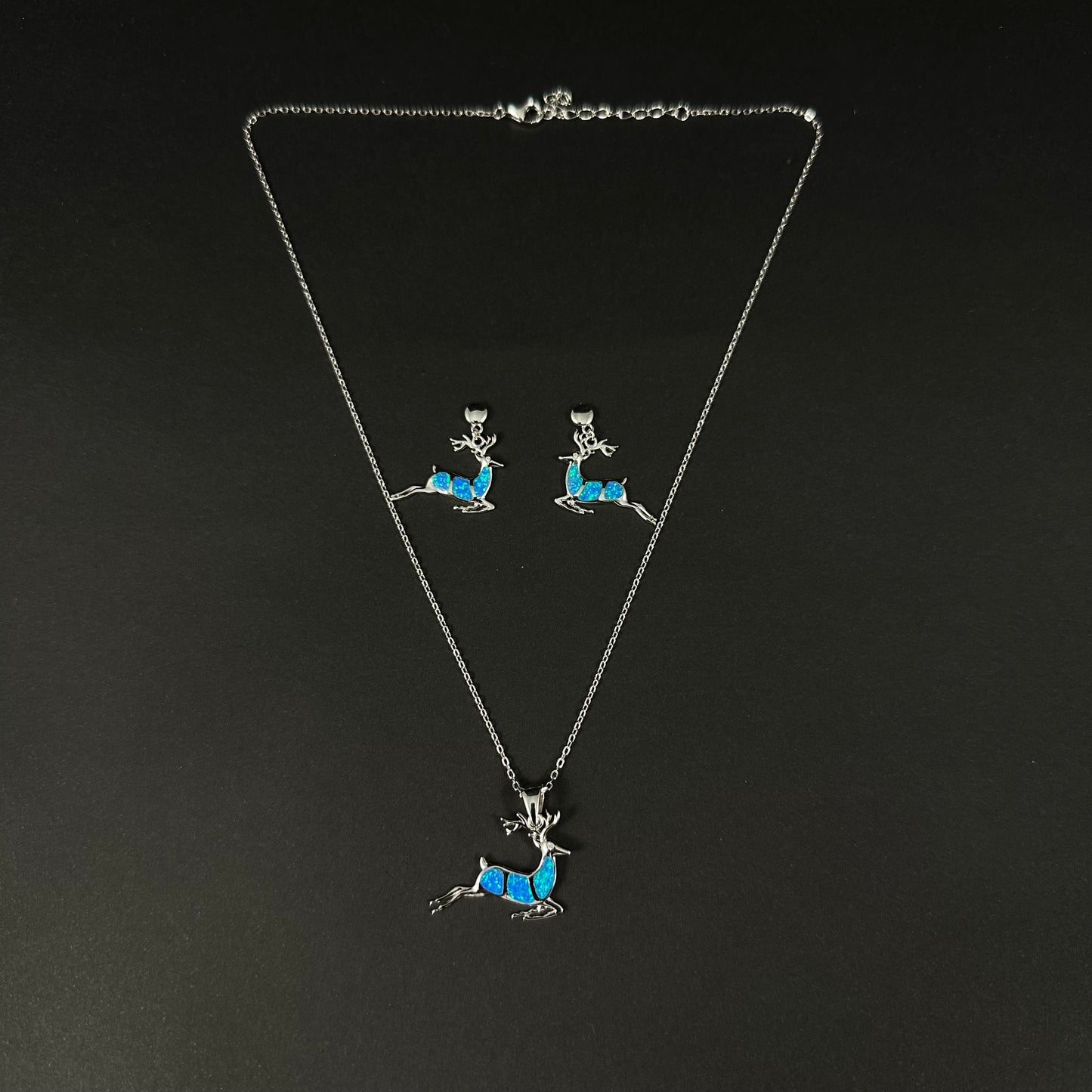 Silver Blue Reindeer Charm Pendant Set for Women