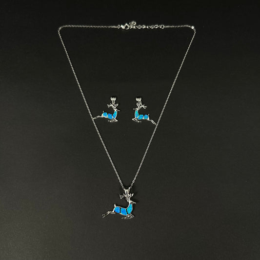 Silver Blue Reindeer Charm Pendant Set for Women