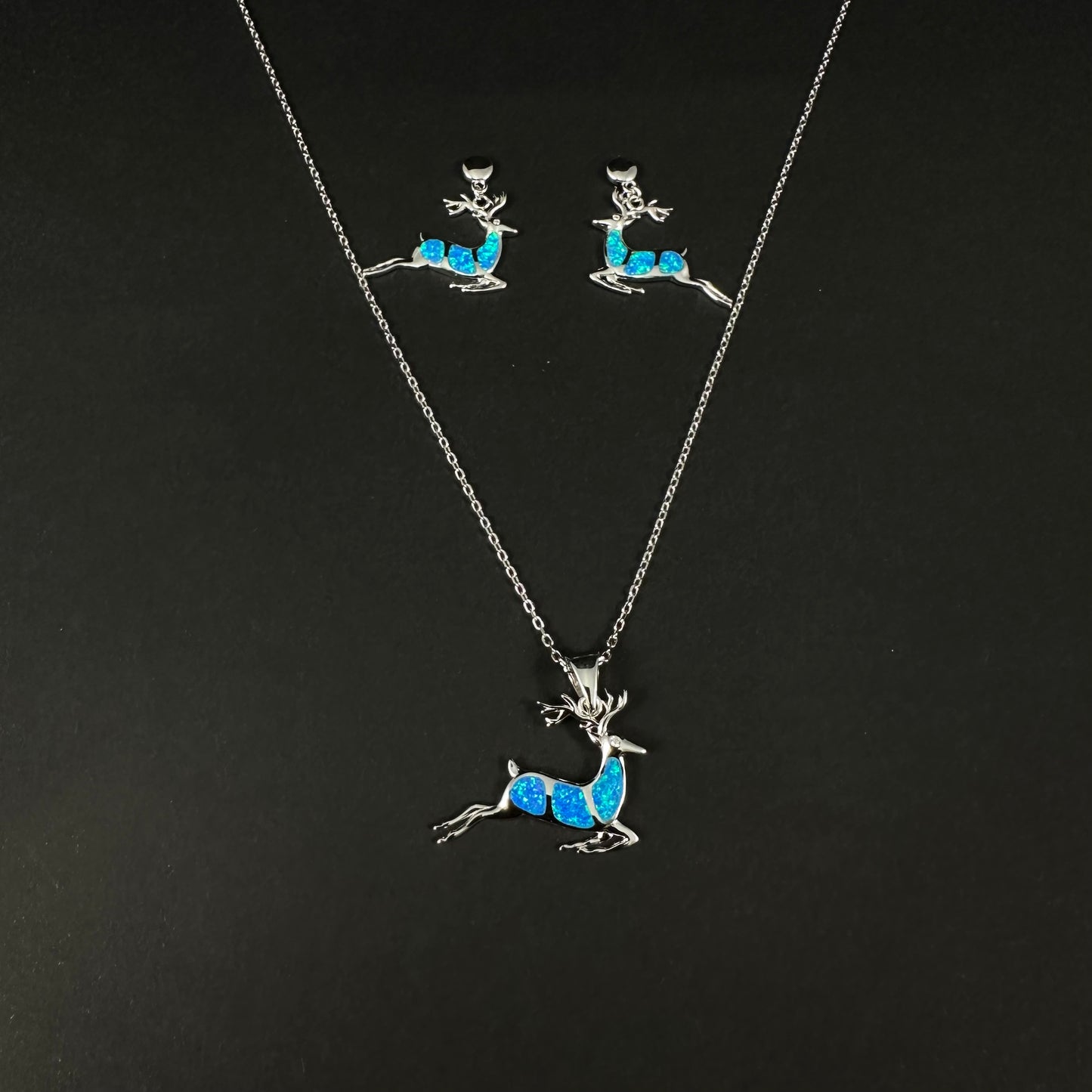 Silver Blue Reindeer Charm Pendant Set for Women