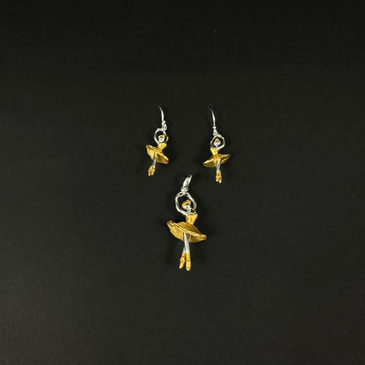 Golden Ballerina Charm Silver Pendant Set for Women