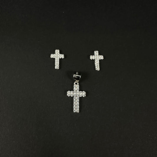Classic Cross Silver Diamond Pendant Set for Women