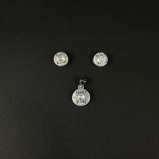 Classic Round Halo Silver Diamond Pendant Set for Women