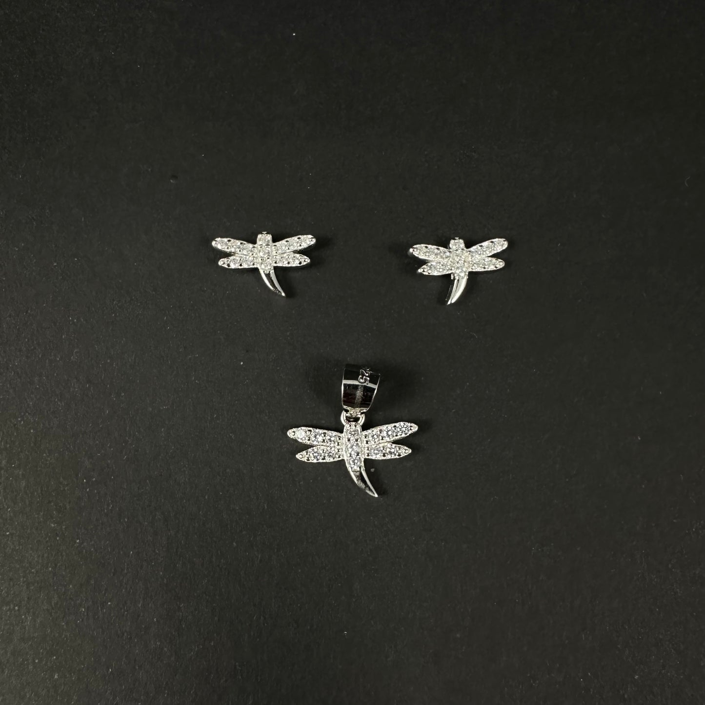Sparkling Dragonfly Silver Diamond Pendant Set for Women