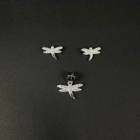 Sparkling Dragonfly Silver Diamond Pendant Set for Women