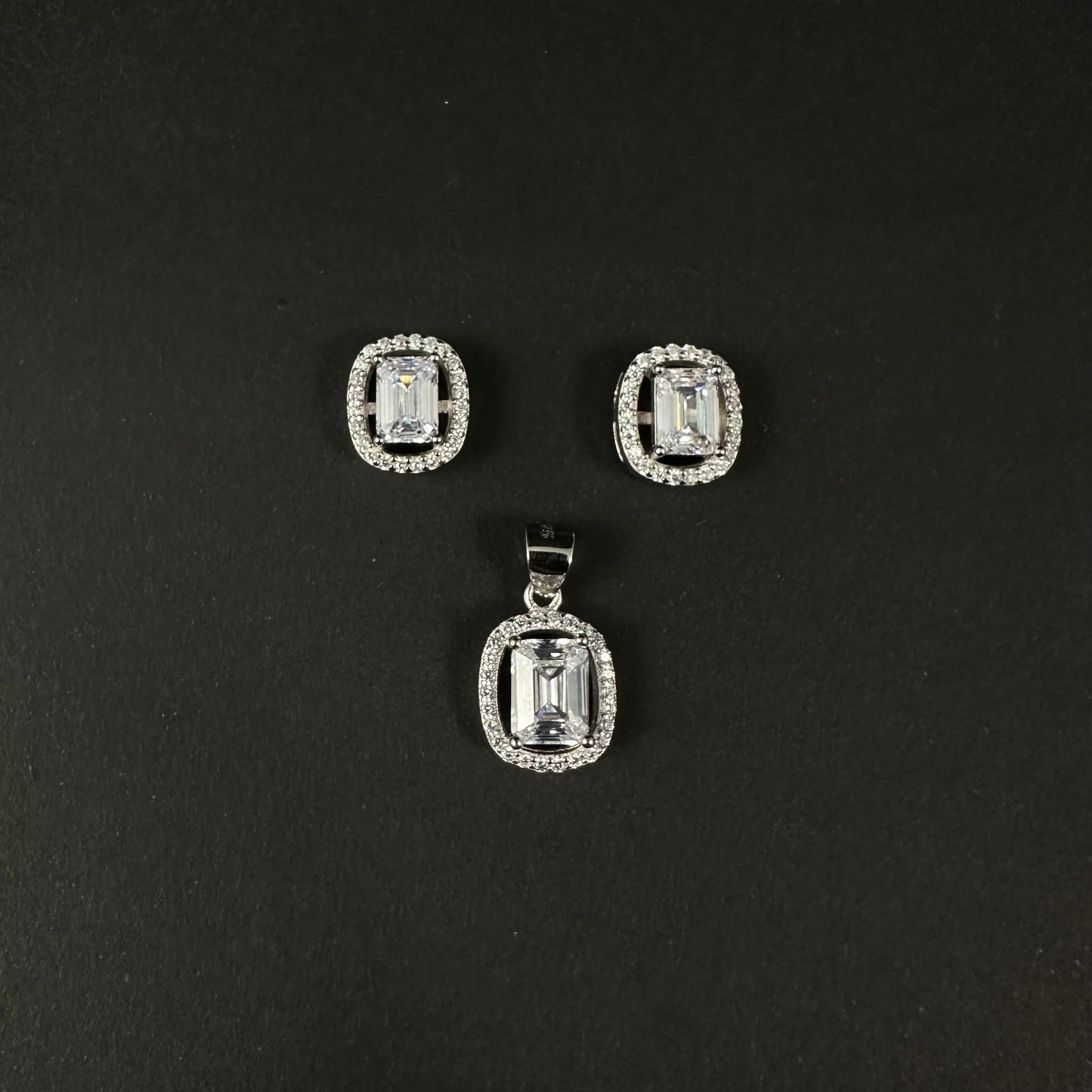 Royal Emerald Cut Silver Diamond Pendant Set for Women