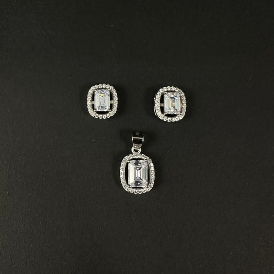 Royal Emerald Cut Silver Diamond Pendant Set for Women