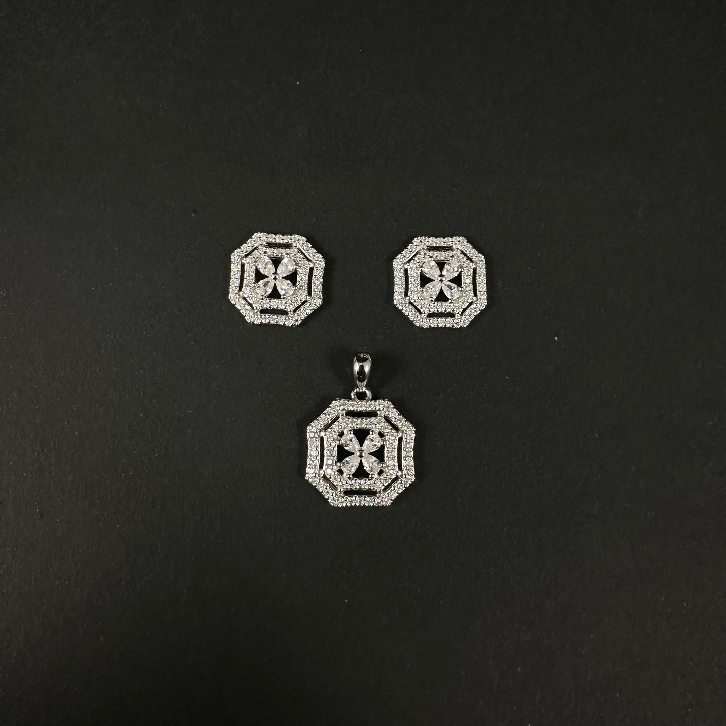 Royal Octagon Shine Silver Diamond Pendant Set for Women