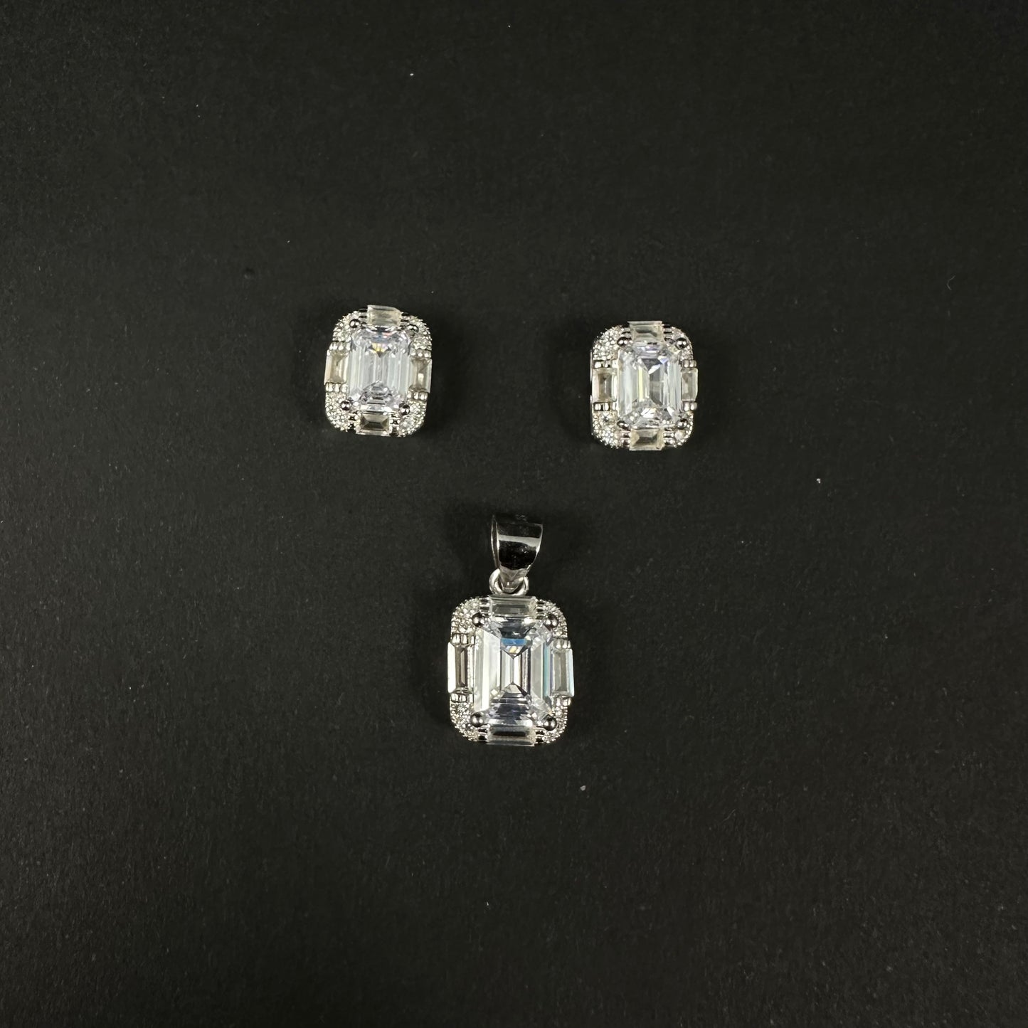 Royal Emerald Cut Silver Diamond Pendant Set for Women
