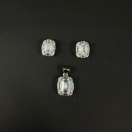 Royal Emerald Cut Silver Diamond Pendant Set for Women
