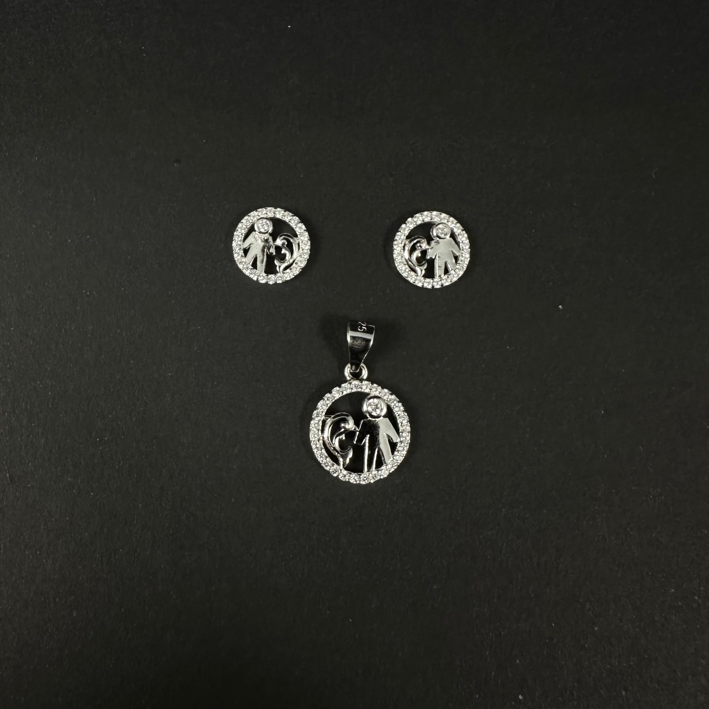 Mother & Child Love Silver Diamond Pendant Set for Women