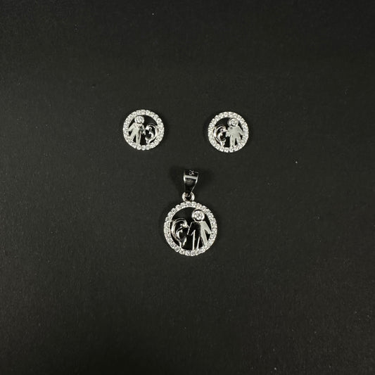 Mother & Child Love Silver Diamond Pendant Set for Women