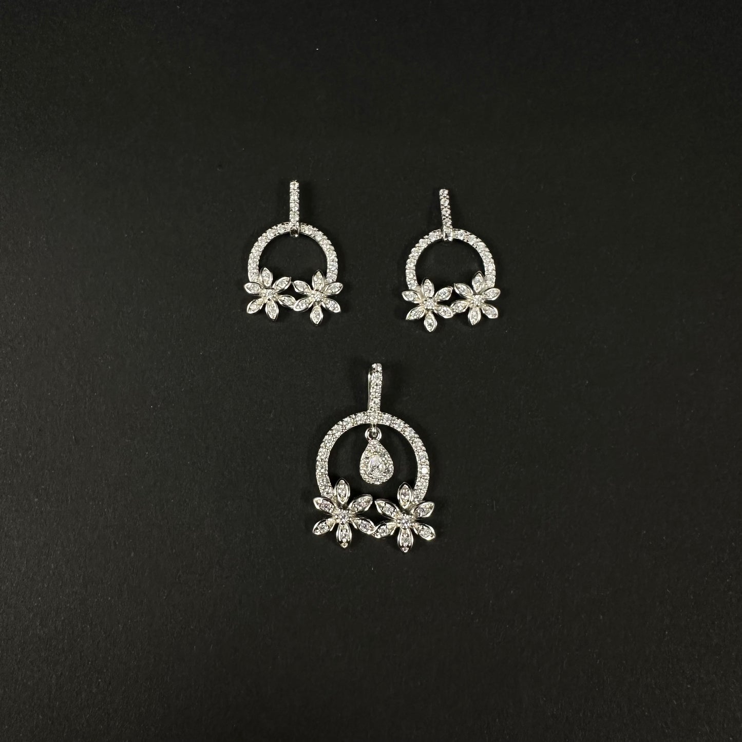 Floral Charm Silver Diamond Pendant Set for Women